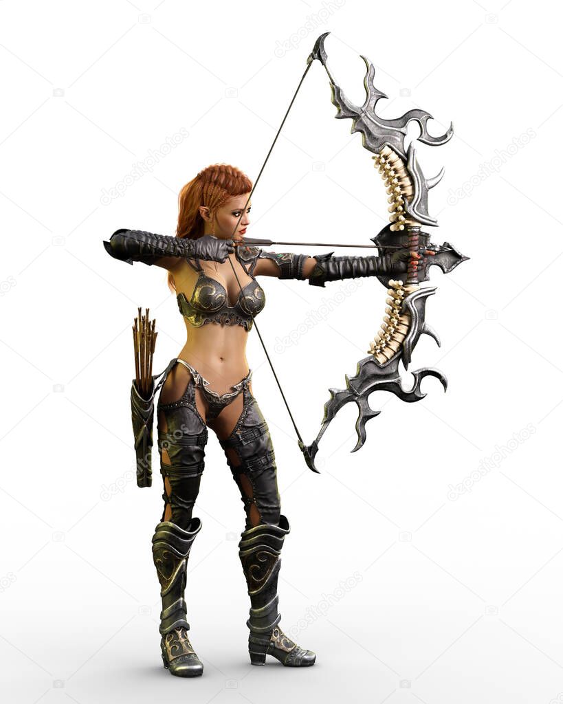 Fantasy female elven archer standing and aiming an arrow with her bow. 3D rendering isolated on white background.