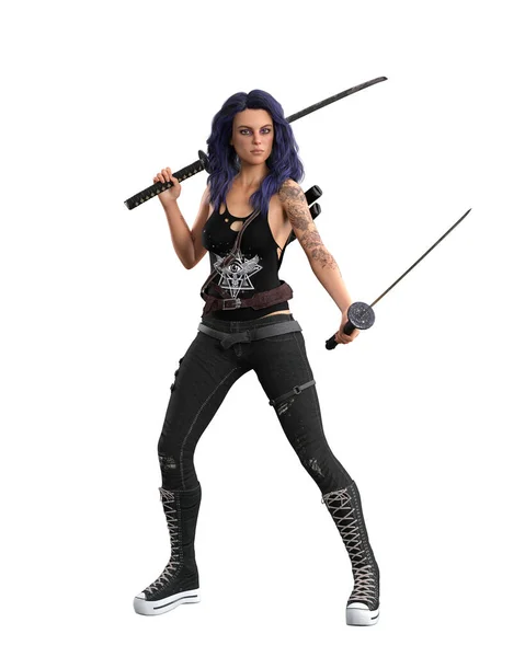 Beautiful Urban Fantasy Woman Purple Hair Black Goth Style Outfit — Stock Photo, Image