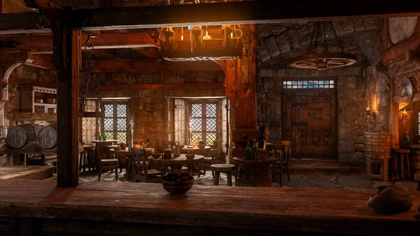 Średniowieczne Wnętrze Baru Tawernowego Oświetlone Świecami Światłem Dziennym Przez Okna — Zdjęcie stockowe