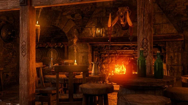 Een Middeleeuwse Taverne Met Ronde Tafels Verlicht Door Kaarsen Een — Stockfoto