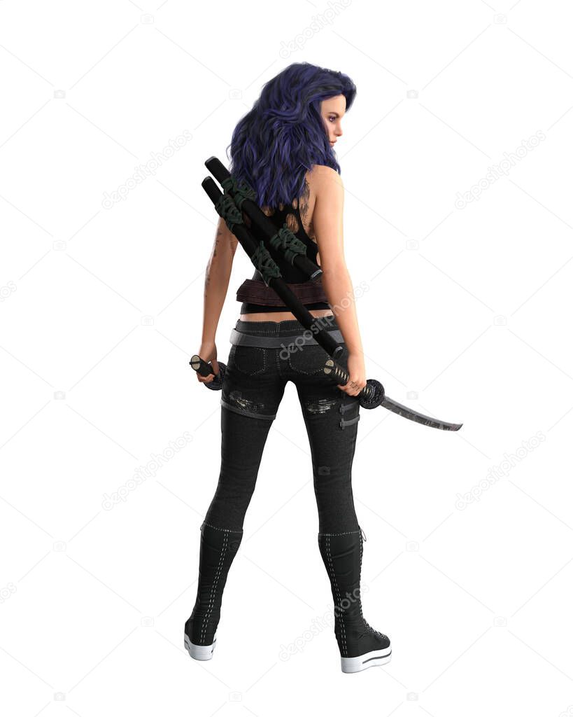 Young goth urban fantasy woman with purple hair standing facing away with swords in hands. 3D illustration isolated on white background.