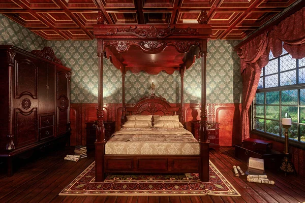 Vintage Victoriaanse Slaapkamer Interieur Met Vier Poster Bed Destructie — Stockfoto