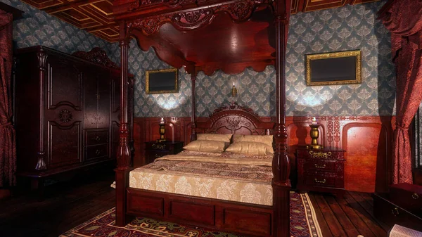 Victorian Style Vintage Bedroom Interior Four Poster Bed Illustration — Stock Photo, Image