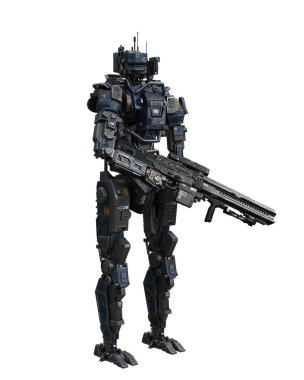 Elinde tüfekle nöbet tutan gelecekçi siber punk droid. Beyaz arkaplanda 3 boyutlu resimleme izole edildi.