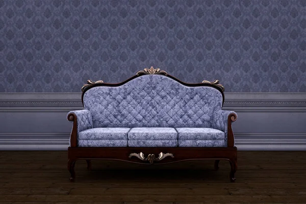 Vintage Sofa Einem Raum Mit Holzboden Und Tapete Der Wand — Stockfoto