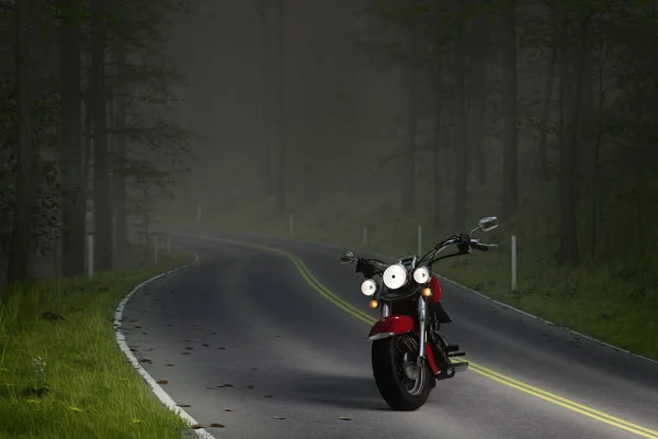 Motorcycle Middle Empty Tree Lined Forest Road Illustration — Stock Photo, Image