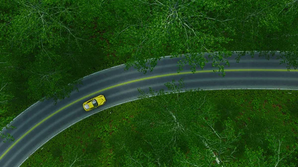 Luftaufnahme Eines Gelben Sportwagens Der Entlang Einer Von Bäumen Gesäumten — Stockfoto