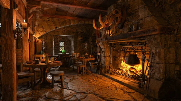 Ortaçağ fantezi tavernasında yemek ve içeceklerle şömine başı masaları. 3B illüstrasyon.