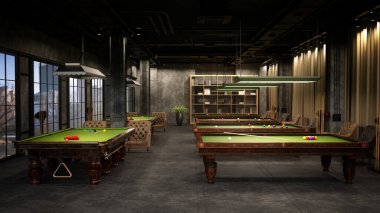 Snooker ya da Bilardo kulübünün içinde şehir manzaralı birden fazla masa ve pencere var. 3B illüstrasyon.