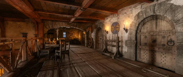 Ortaçağ fantezi otelinde üst kattaki odanın geniş panoramik 3D çizimi.