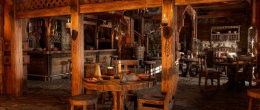 Geniş panorama 3D fantezi ortaçağ taverna barı..