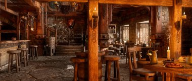 Ortaçağ fantezi tavernasının panoramik manzarası. 3B illüstrasyon.