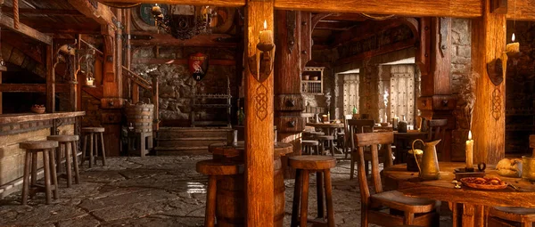 Ortaçağ fantezi tavernasının panoramik manzarası. 3B illüstrasyon.