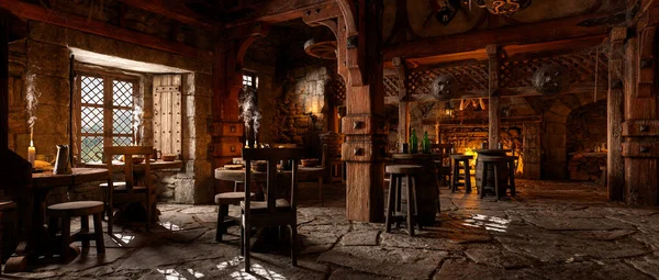Ampla Vista Panorâmica Área Bar Uma Taberna Medieval Fantasia Com — Fotografia de Stock