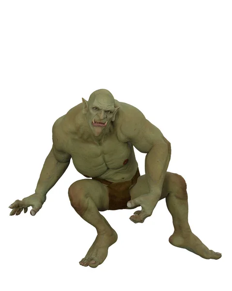 Fantasy Green Skinned Giant Ogre Crouching Illustration Isolated White Background — Stock Photo, Image