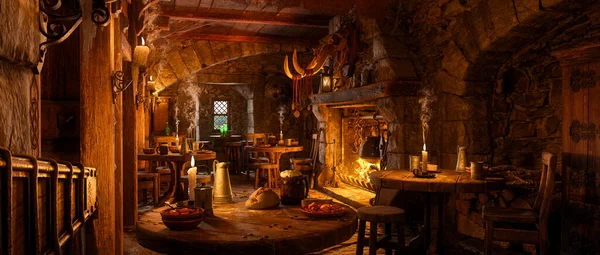 Зробила Широку Панораму Фентезі Середньовічної Таверни Їжею Напоєм Столах Навколо — стокове фото