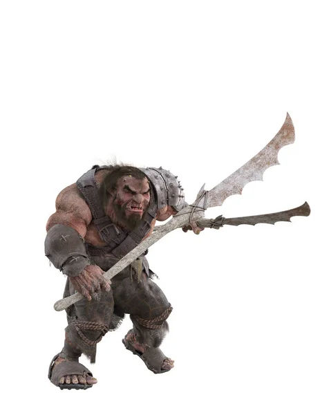 挪威神话 中的幻想巨人Jotunn一手拿着华丽的武器 在白色背景上孤立的3D插图 — 图库照片