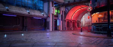 Siber punk konsepti panoramik 3D gece vakti karanlık, köşe başında fast food barı olan eski bir şehir sokağının çizimi.