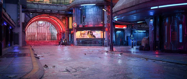 Panoramik siber punk konsepti. Şehir merkezindeki eski püskü bir caddenin 3 boyutlu canlandırması..