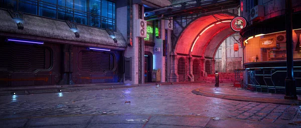 Cyberpunk Koncept Panorama Illustration Mörk Seedy Futuristisk Stad Gata Natten — Stockfoto