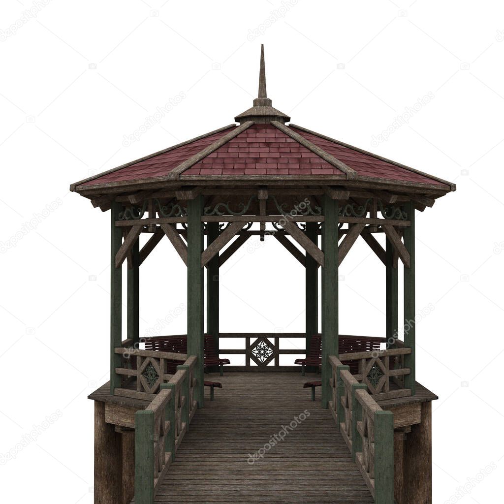 Old style wooden pier with bench seats under a pergoda roof. 3D illustration isolated on white background.