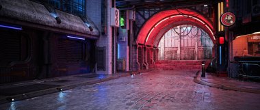 Gece vakti distopyan siber punk şehir sokağının panoramik 3D canlandırması.