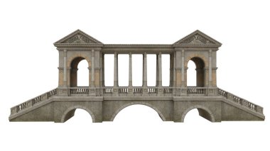 Açık kahverengi ortaçağ klasik sütunlar ve kemerler ile kaplı taş köprü. Beyaz arkaplanda 3B görüntüleme izole edildi.