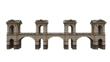 Kapalı kemerli eski bir taş köprü. Beyaz arkaplanda 3B görüntüleme izole edildi.