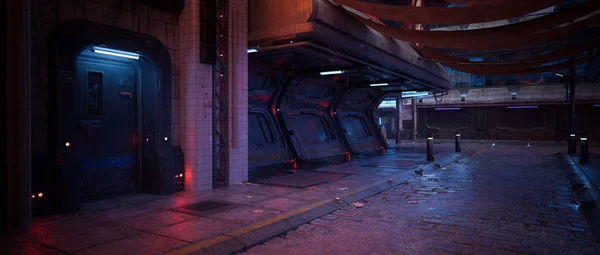 Mozi Széles Kilátás Egy Koszos Cyberpunk Jövőbeli Városi Utcára Éjszaka — Stock Fotó