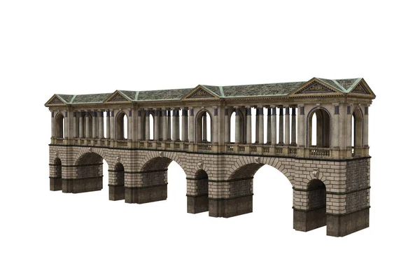 Rendering Perspektivische Ansicht Einer Langen Steinbrücke Mit Dach Und Säulen — Stockfoto