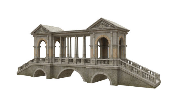 Светло-коричневый средневековый каменный мост с классическими колоннами и арками. 3D иллюстрация на белом фоне.