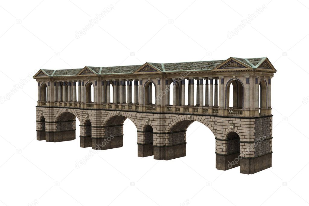 3D rendering perspective view of a long covered stone bridge with roof and columns isolated on white background.