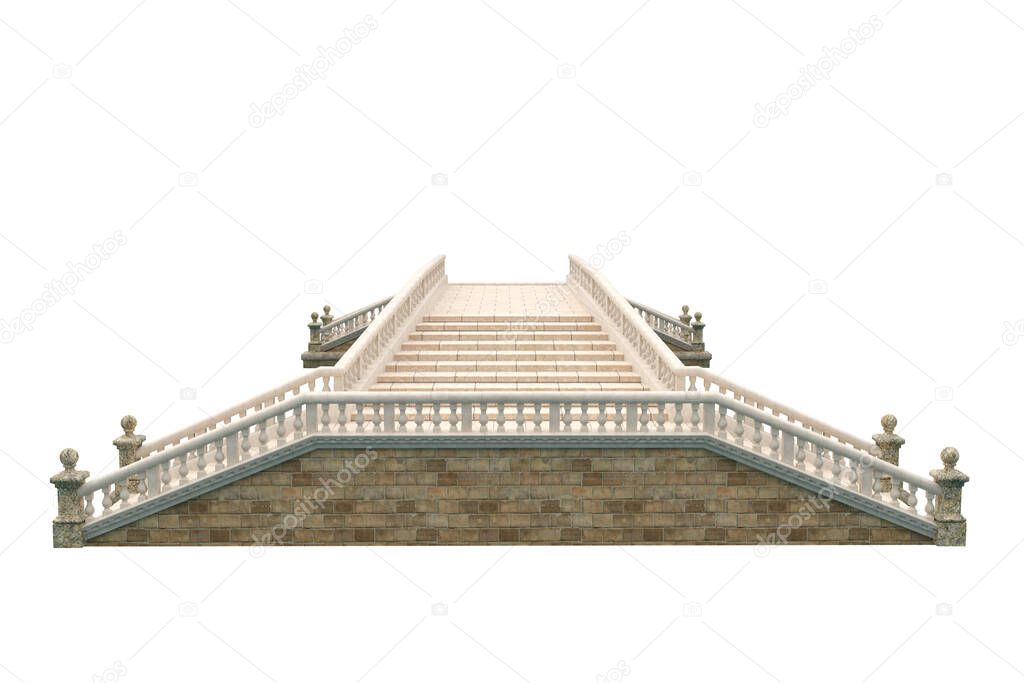 Steps leading to a stone bridge with balustrade on the side. 3D illustration isolated on white background.