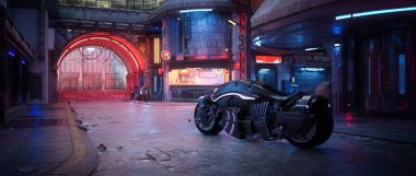 Fantezi distopyan bir şehrin şehir merkezindeki köhne bir caddede Cyberpunk motosikleti. Sinematik 3D illüstrasyon.