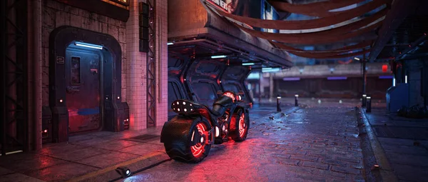 Moto Cyberpunk Futurista Uma Rua Escura Distópica Cidade Ilustração Com — Fotografia de Stock