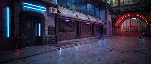 Karanlık, ıslak bir sokakta, gelecekçi bir siber punk şehrinde, geceleri neon ışıklarıyla. 3B görüntüleme.