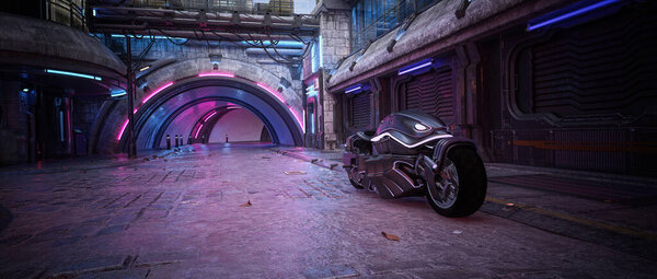 Futuristic motorbike in a seedy dystopian downtown city street. Cinematic view cyberpunk concept 3D rendering.