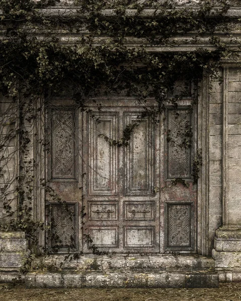 Старі Шорсткі Двері Мавзолею Вирощені Плющем Ілюстрація — стокове фото