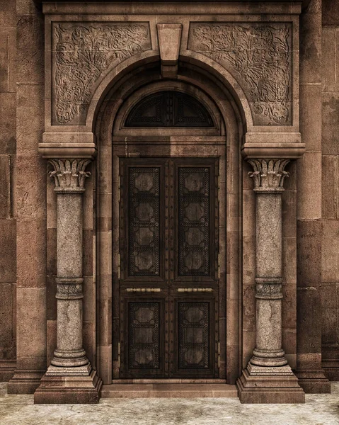 Old Decorative Wooden Door Stone Arch Columns Rendering — Stock Photo, Image