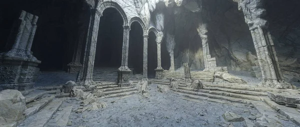 Sötét Poros Romjai Egy Ősi Középkori Fantázia Templomnak Föld Alatt — Stock Fotó