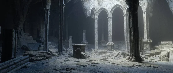 Dark Creepy Old Ruined Medieval Fantasy Temple Rendering — Stock Photo, Image