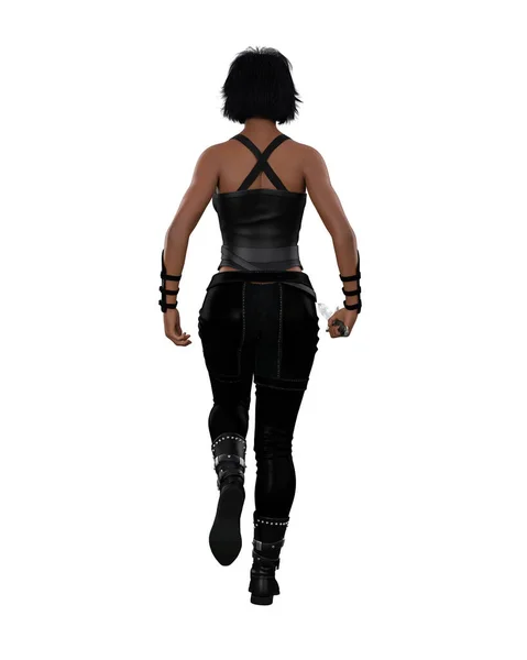 Fantasy Assassin Woman Dressed Black Walking Away Camera Holding Knife — Stock Photo, Image