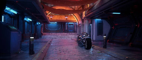 Cyberpunk Motocicleta Escuro Seedy Futurista Backstreet Centro Noite Renderização — Fotografia de Stock