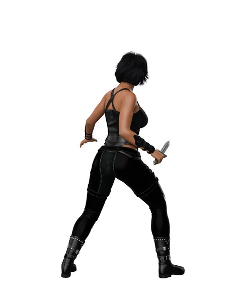 Dark Haired Fantasy Assassin Woman Dressed Black Standing Knife Hand — Stock Photo, Image