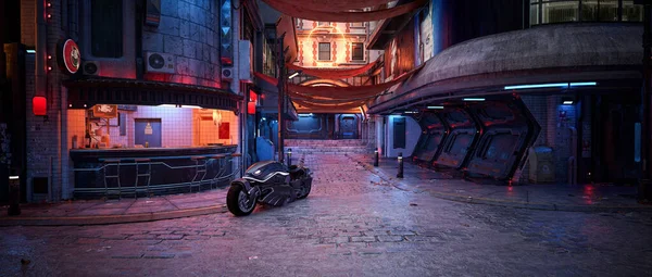 Motocicleta Futurista Estacionado Fuera Bar Comida Rápida Una Calle Cyberpunk — Foto de Stock