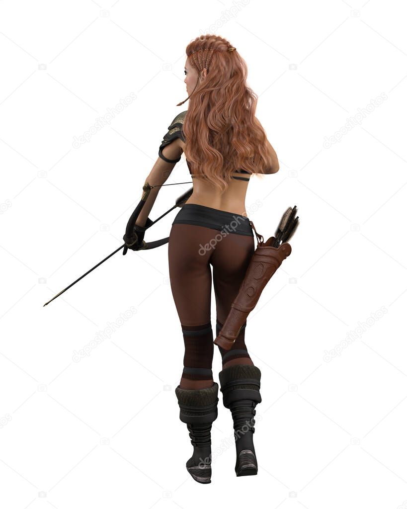 Redhead fantasy elf archer woman holding bow and arrow facing away. 3D illustration isolated on white with clipping path.