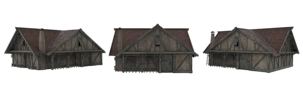 Mittelalterliches Haus Aus Holz Und Stein Rendering Aus Auf Weiß — Stockfoto