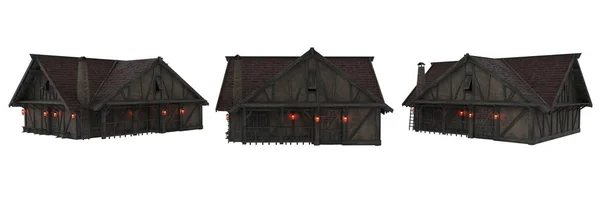 中古时代的木材和石制房屋 在黄昏的灯光下点着灯笼 从3个角度进行3D渲染 在白色上与剪切路径隔离 — 图库照片
