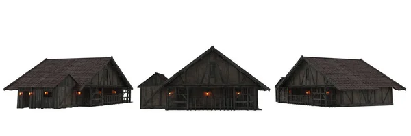 Kámen Dřevo Rámovaly Středověký Dům Večerním Světle Zapálenými Lucernami Ilustrace — Stock fotografie
