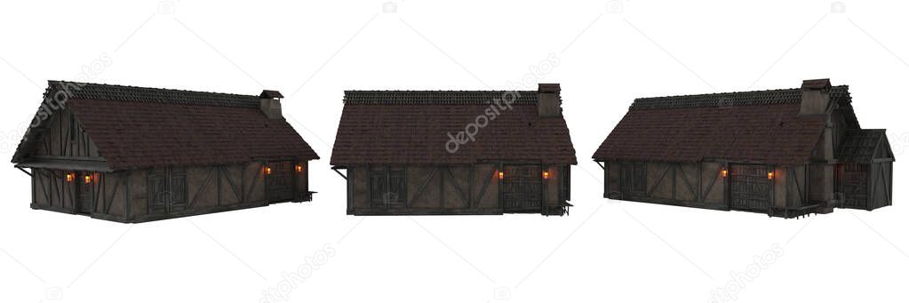 Old medieval stone and wooden framed house in evening with lamp lights. 3D illustration, 3 views isolated on white with clipping path.